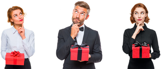 waist up portrait of 3 elegant, beautiful blond business people with red and black gift and decision making face expression isolated over white (transparent) background