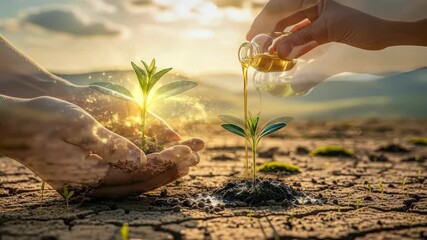 Woman nurturing a sparkling sprout in dirt with hands while another hand waters another sprout from a bottle, representing growth