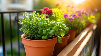Vibrant balcony garden with herbs and flowers basking in golden sunlight during a serene evening