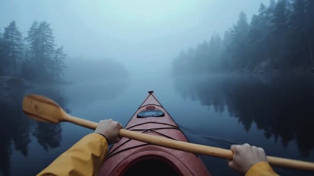POV kayaking on a foggy lake surrounded by forest. Person in a yellow jacket paddling a red kayak through thick mist. Moody outdoor adventure and exploration