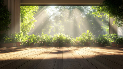 Serene indoor garden with sunlight streaming through open doors, illuminating lush greenery and wooden floor