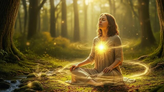 Woman meditating in a peaceful forest with glowing energy. Healing and spiritual wellness. Natural medicine and mindful practice.