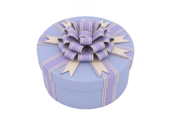 A round, light blue gift box with a large, ornate purple and cream ribbon and bow, isolated on transparent background