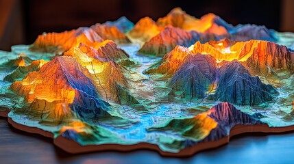 Detailed 3D mountain range map, illuminated
