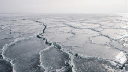 Obraz premium Aerial view of vast cracked ice expanse under a hazy, overcast sky