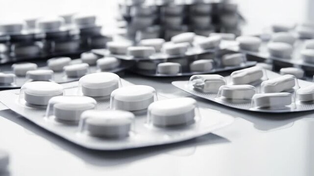White single round pill on a reflective surface, transitioning to blister packs with multiple pills, and finally showing numerous packs of medicine
