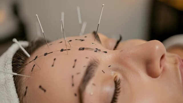 Woman receiving facial acupuncture with needles applied to marked points for beauty and wellness.