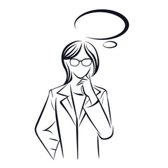 Stylized woman wearing a coat and eyeglasses appears to be lost in thought above