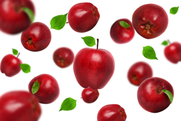 Floating Red Apples Isolated on White Background for Fresh Fruit and Juice Concept on Transparent Background png