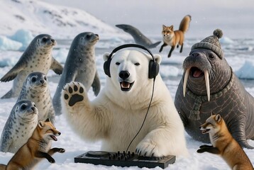 Arctic animal disco party: polar bear dj spins beats for walrus, seals, and foxes