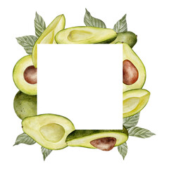 Square Frame, avocado wreath. Watercolor fruit leaves and flowers illustration. Hand drawn botanical drawing. Green plant on isolated background for food, cosmetic packaging design, card, invitation.