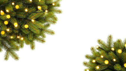 Green christmas tree branches decorated with warm glowing lights forming a corner border