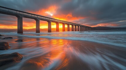 Dramatic sunset over a bridge, reflecting in the water