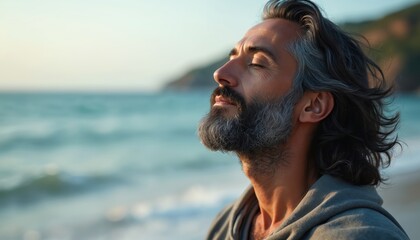 Medium aged man with beard and gray hair breathes deeply near the ocean. He closes eyes feeling peace by blue water and sky. Person finds calm at the beach during summer day.