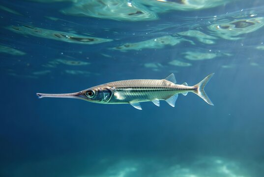 A graceful needlefish with an elongated snout glides through the clear blue ocean