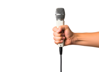 A hand holding a microphone isolated on transparent background for public speaking or singing