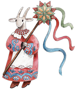 Hand painted Ukrainian nativity goat illustration. Watercolor artwork with ink outline and folk costume details. Traditional festive character on white background. JPG illustration.