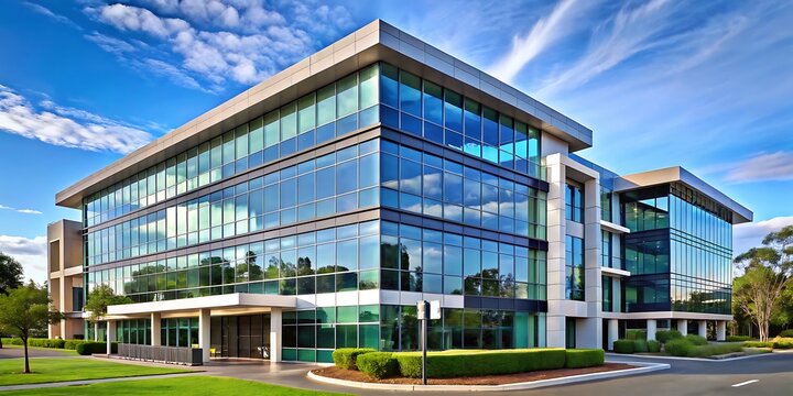 Modern office building with glass facade on white background modern architecture blue sky white clouds - Powered by Adobe
