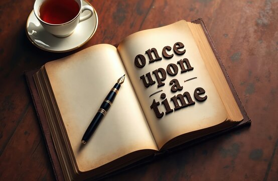 Old book open to page with text once upon a time. Fountain pen rests on blank page. Cup of tea sits beside book. Retro journal, writing concept.
