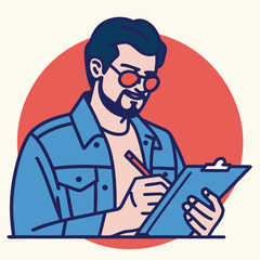 Smiling man with glasses in denim jacket writes on a blue clipboard intently