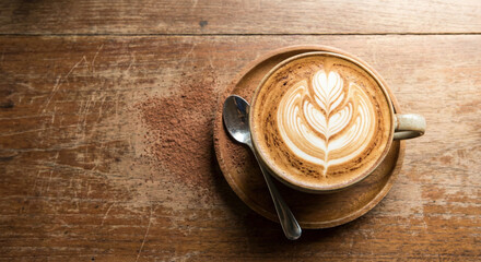 A cup of coffee with a spoon on a wooden table, shallow depth of field, luxury gold texture, vector illustration style, soft pastel tones, futuristic technology style, copy space for text