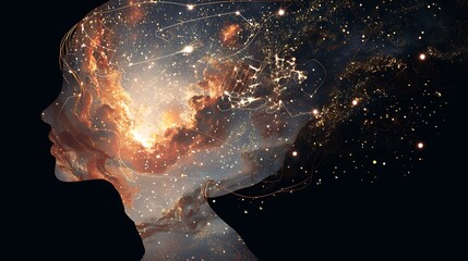 head silhouette filled with constellations and nebula light, symbol of cosmic mind and infinite thought, high detail surreal art, 