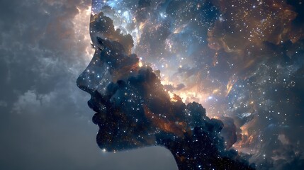 head silhouette filled with constellations and nebula light, symbol of cosmic mind and infinite thought, high detail surreal art, 