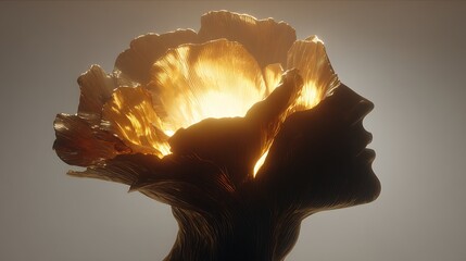 human head opening like a blooming flower, soft golden light emerging, symbol of self-awareness and mental awakening, cinematic fine art, 