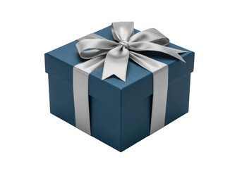 A blue gift box with a silver ribbon and bow, isolated on transparent background