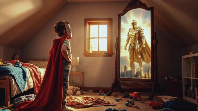 Young boy in a superhero cape looking into a mirror seeing a golden knight reflection. Child imagining himself as a powerful hero in a sunlit attic bedroom. Childhood dreams and aspirations concept