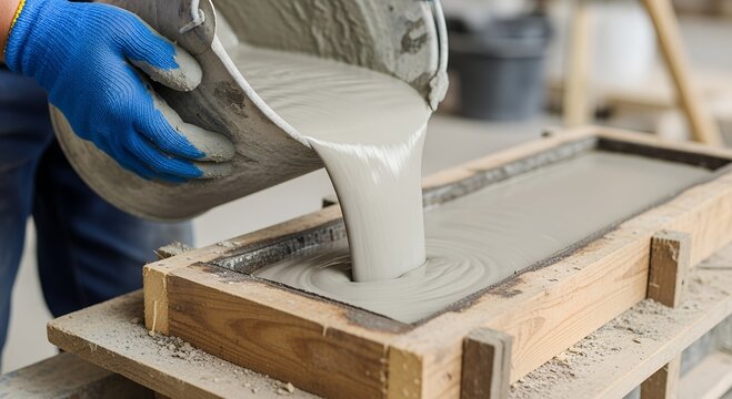 Pouring concrete mixture into wooden mold on construction site  