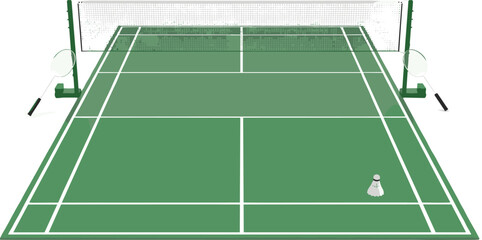 Badminton court with rackets and shuttlecock, green field layout, sports equipment vector illustration, game setup, athletic competition theme