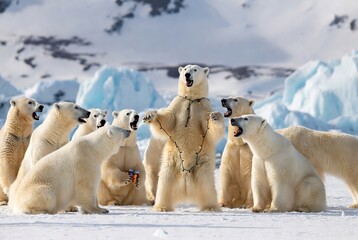 A group of polar bears gather in the arctic for a festive and boisterous celebration © Promi