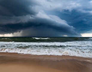 thunderstorm with heavy rain clouds and waves breaking on the beach
