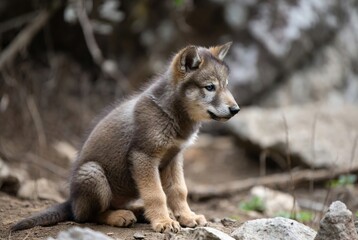 A captivating grey wolf pup sits attentively in its natural rocky wilderness habitat