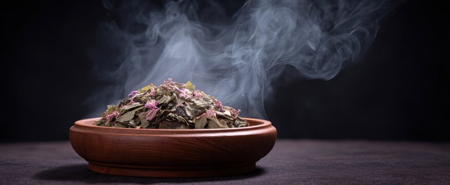 Steaming herbal compress releasing soothing fragrant warm therapeutic steam vapor gently rising