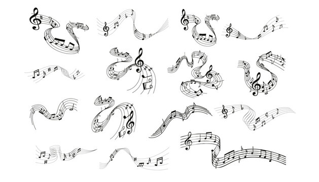 Music notes wave isolated, musical notes background. Musical note wave. Music notes melody on white background. 