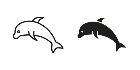 Dolphin icon element in flat simple style. Thin stroke editable icons