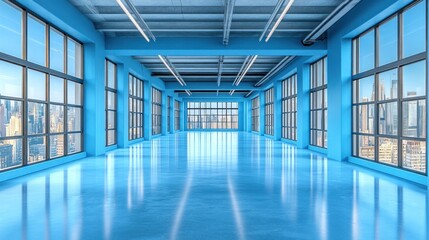 Obraz premium Empty bright blue loft, city view