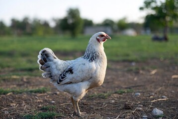 A beautiful white chicken with speckled feathers stands gracefully in a sunlit farm field