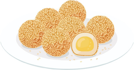 Vector illustration of Onde-Onde or Jian Dui (sesame balls) filled with a sweet mung bean or custard paste, served on a white plate.
