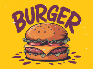 Burger Vector Illustration for Fast Food Design, Fast Food Burger Icon Vector Illustration, Cheeseburger Vector for Restaurant Branding, Burger Logo Vector for Food Business, Flat Style Burger Vector 