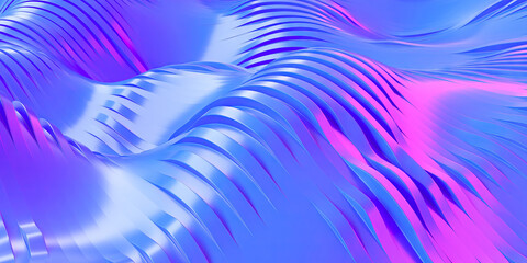 Vibrant abstract wavy metallic surface in blue and pink colors for modern background design. 3d render
