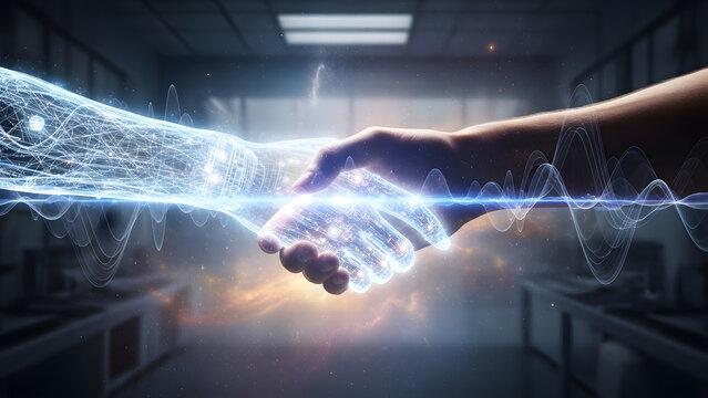 A human hand shakes a futuristic, glowing digital hand in a data-filled lab environment. This powerful image symbolizes technology, AI, innovation, collaboration, partnership, digital transformation, 
