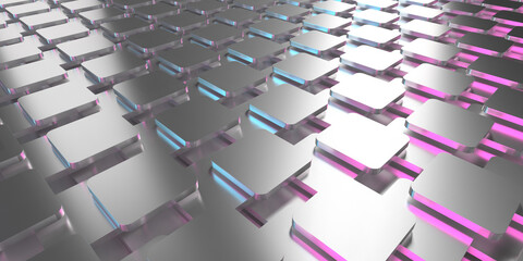Fototapeta premium Modern geometric pattern with metallic and neon elements for futuristic design. 3d render