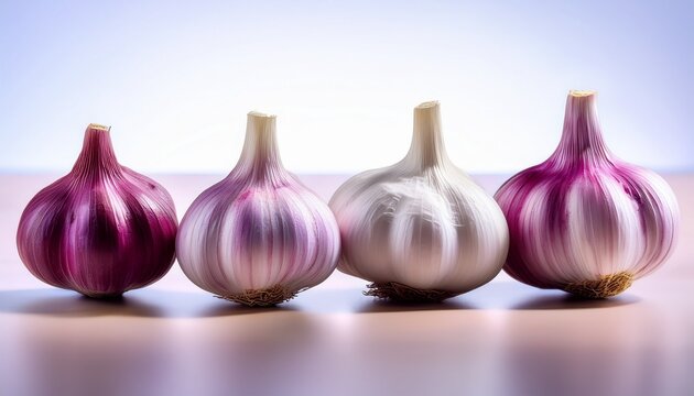 four bulbs of fresh garlic vibrant purple and white hues