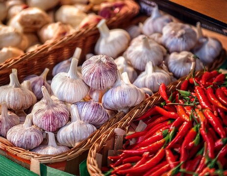fresh garlic and chillies at a market in hungary