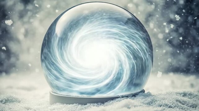 Swirling storm inside a snow globe with lightning illuminating the interior