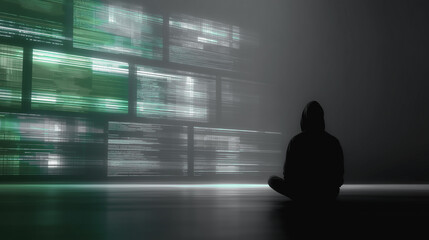 A solitary figure shrouded in a hoodie sits before a wall of glowing screens, casting a pensive silhouette that sparks intrigue. A scene of mystery. 
