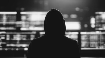 An anonymous hooded figure looms, their silhouette cast against a backdrop of complex digital interfaces, symbolizing the mystery and intrigue of the digital world.